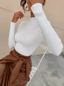RueChic Mock Neck Ribbed Knit Solid Jumper - White - View 3