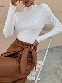 RueChic Mock Neck Ribbed Knit Solid Jumper - White - View 5