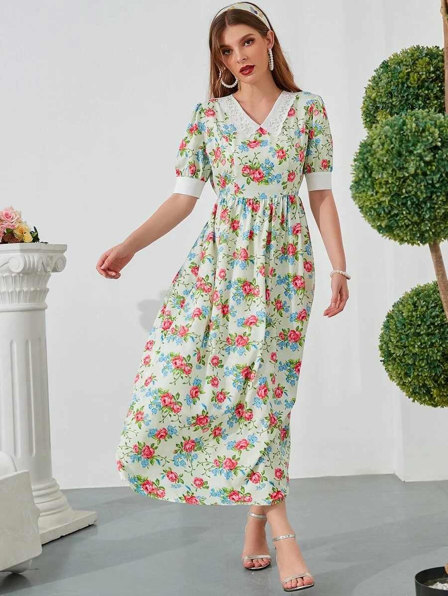 印花珍珠釘珠娃娃領泡泡袖洋裝