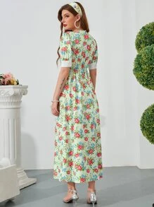 印花珍珠釘珠娃娃領泡泡袖洋裝