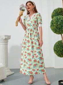 印花珍珠釘珠娃娃領泡泡袖洋裝