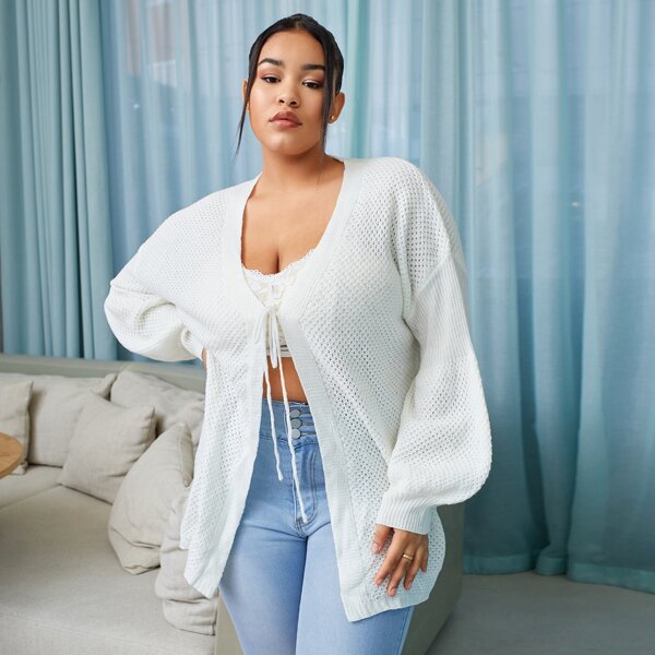 

Plus Drop Shoulder Tie Front Cardigan, White