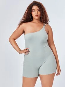Plus Ribbed Knit One Shoulder Unitard Romper - Mint Green - View 1