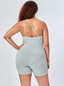 Plus Ribbed Knit One Shoulder Unitard Romper - Mint Green - View 2