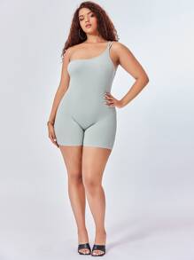 Plus Ribbed Knit One Shoulder Unitard Romper - Mint Green - View 3