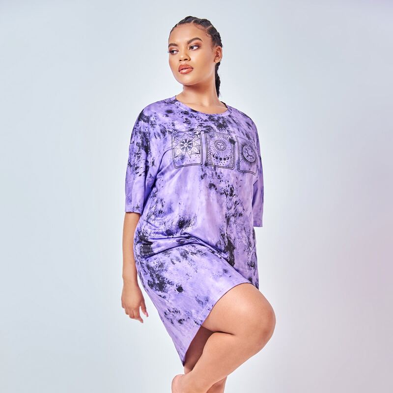 

Plus Tie Dye Drop Shoulder Sleep Dress, Violet purple