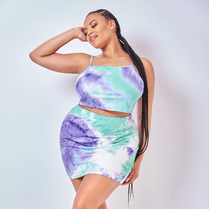 

Plus Tie Dye Crop Cami Top & Skirt PJ Set, Multicolor