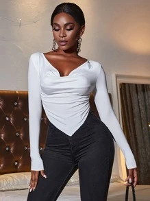 SHEIN VaVaLuxe Drape Neck Ruched Side Hanky Hem Tee - White - View 3