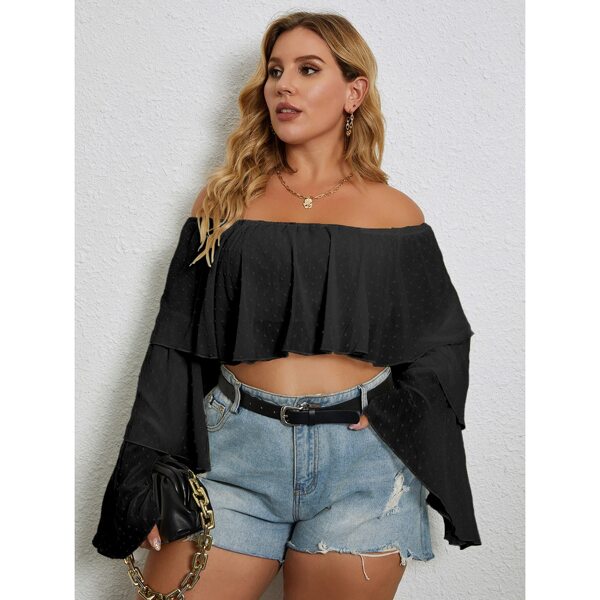 

Plus Swiss Dot Off Shoulder Layered Sleeve Crop Top, Black
