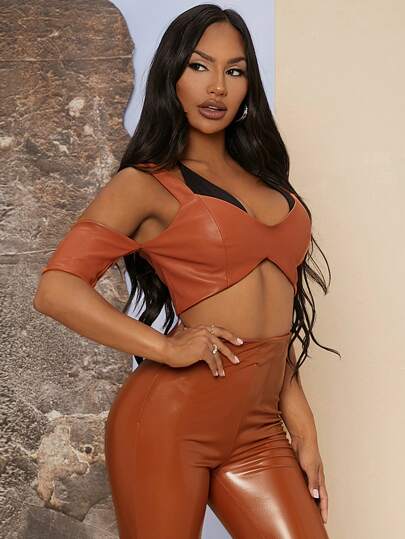 SHEIN PU Cold Shoulder Zipper Fly Asymmetrical Hem Top