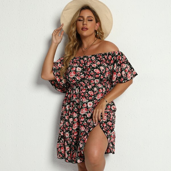 

Plus Floral Print Off Shoulder Ruffle Hem Dress, Multicolor