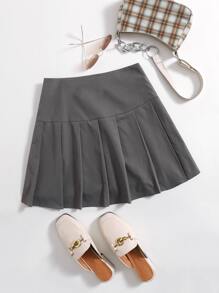 SHEIN Unity Solid Pleated Mini Skirt - Dark Grey - View 1