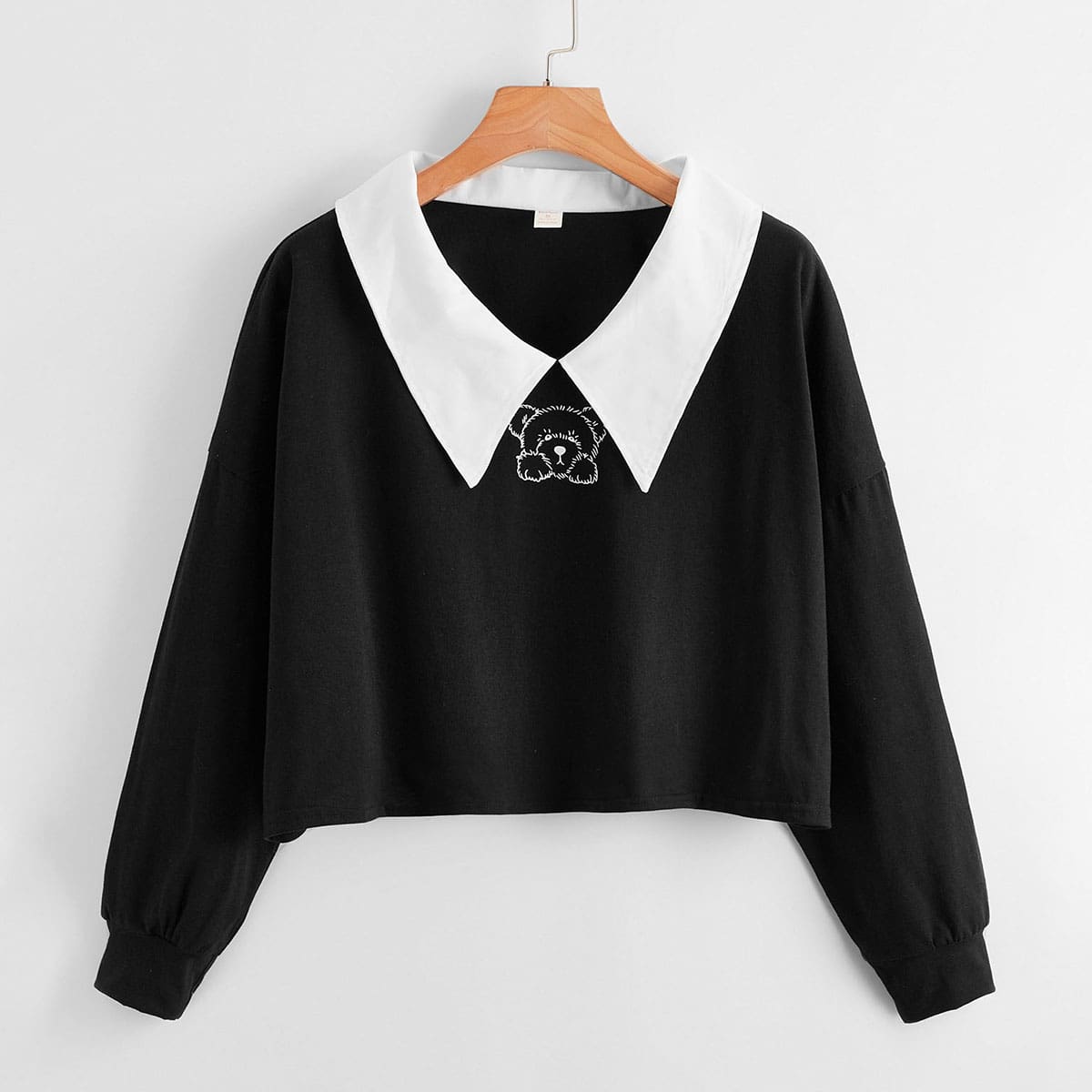 

Bear Print Polo Collar Tee, Black and white
