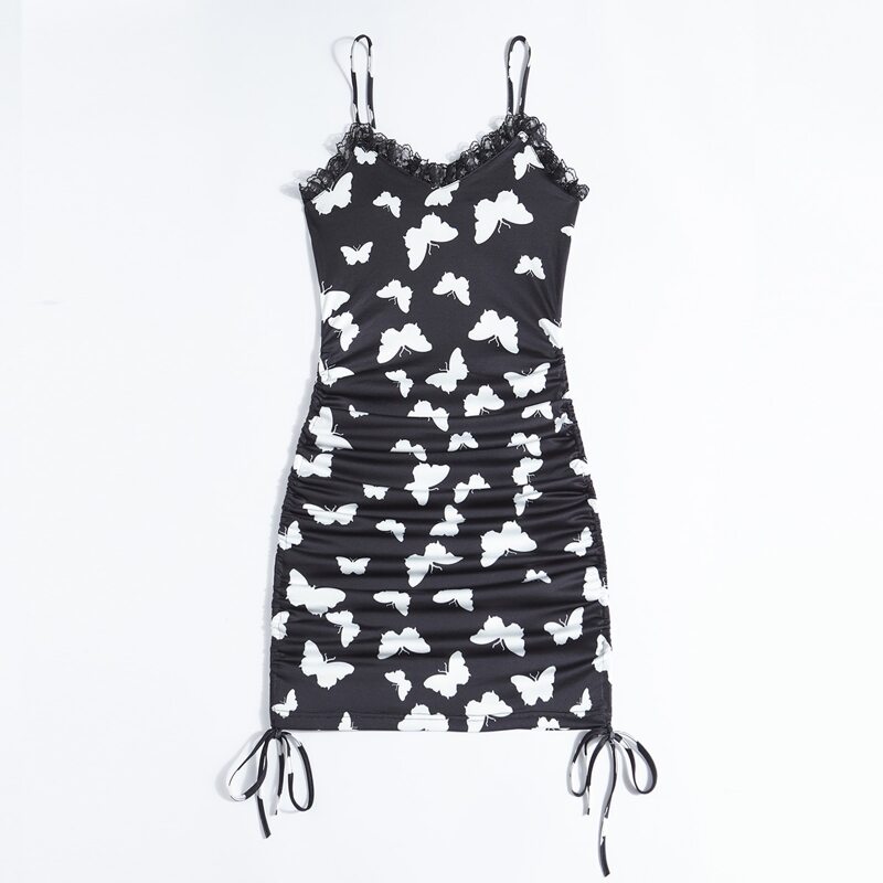 

Butterfly Print Drawstring Contrast Lace Bodycon Cami Dress, Black