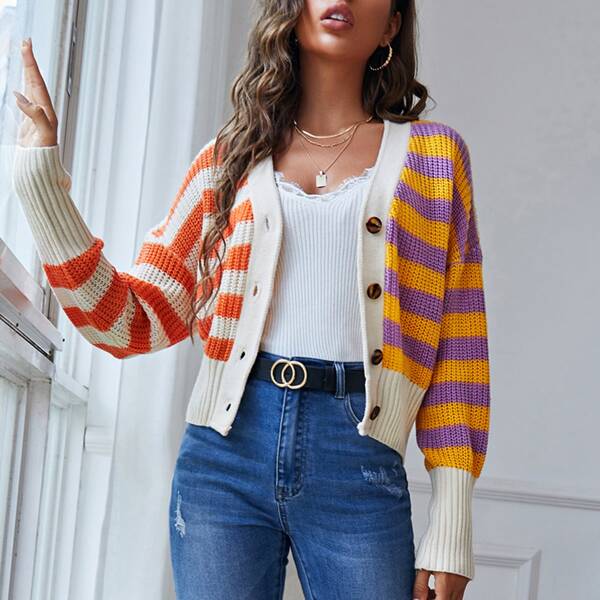 

Striped Pattern Drop Shoulder Cardigan, Multicolor
