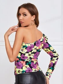 SHEIN BAE One Shoulder Puff Sleeve Floral Top - Multicolor - View 2