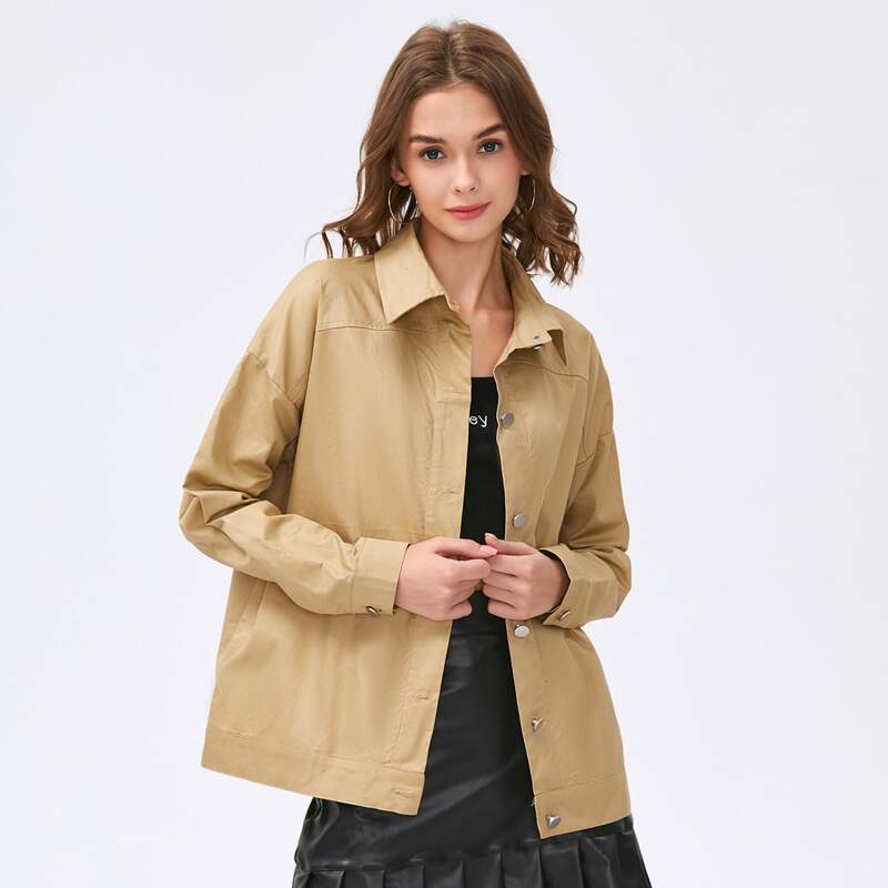 

Solid Button Front Outerwear, Khaki