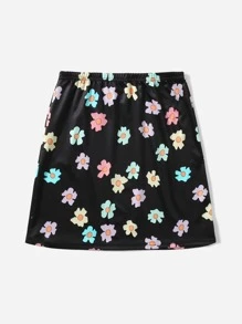 ROMWE Floral Print Skirt - Black - View 1