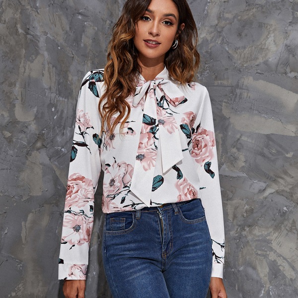

Tie Neck Floral Top, Multicolor
