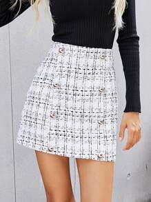 SHEIN Essnce Plaid Pattern Double Breasted Tweed Straight Skirt - White - View 1