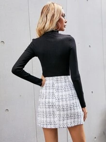 SHEIN Essnce Plaid Pattern Double Breasted Tweed Straight Skirt - White - View 2