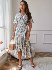 SHEIN Wrap Tie Side Tropical Print Dress - Multicolor - View 1