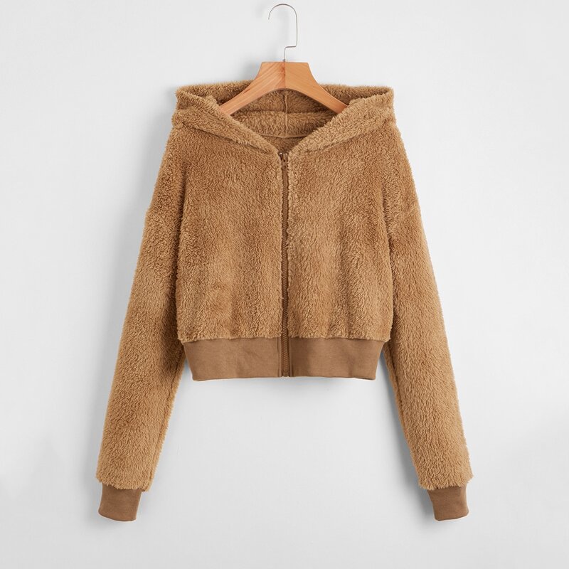 

Solid Zip Up Hooded Teddy Jacket, Brown