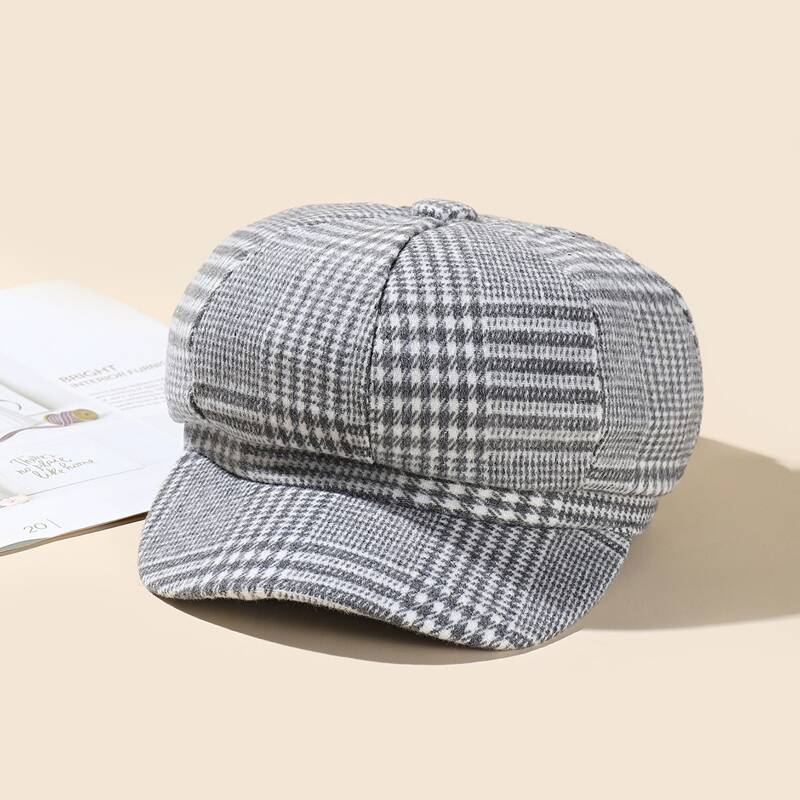 

Houndstooth Baker Boy Hat, Black and white