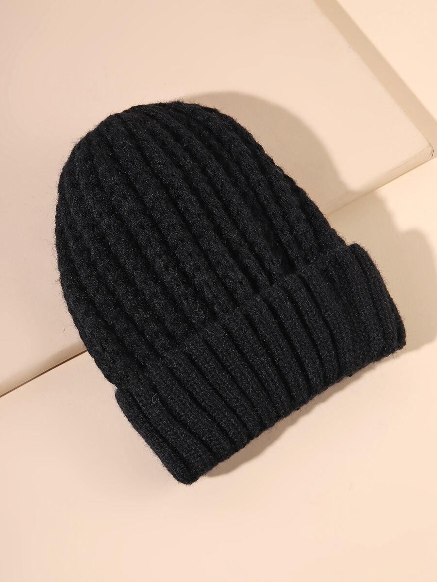 素色針織豆豆帽 - 黑色 - 查看 1