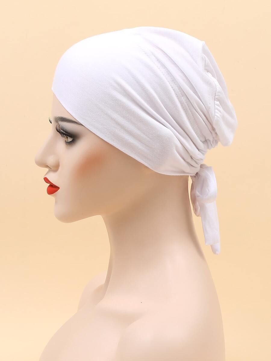 1pc Women Fashionable Drawstring Detail Solid Hat Sports Bonnet Hair Bonnet Turban - White - View 1
