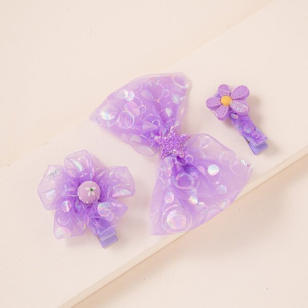 

3pcs Girls Mesh Decor Hair Clip, Purple