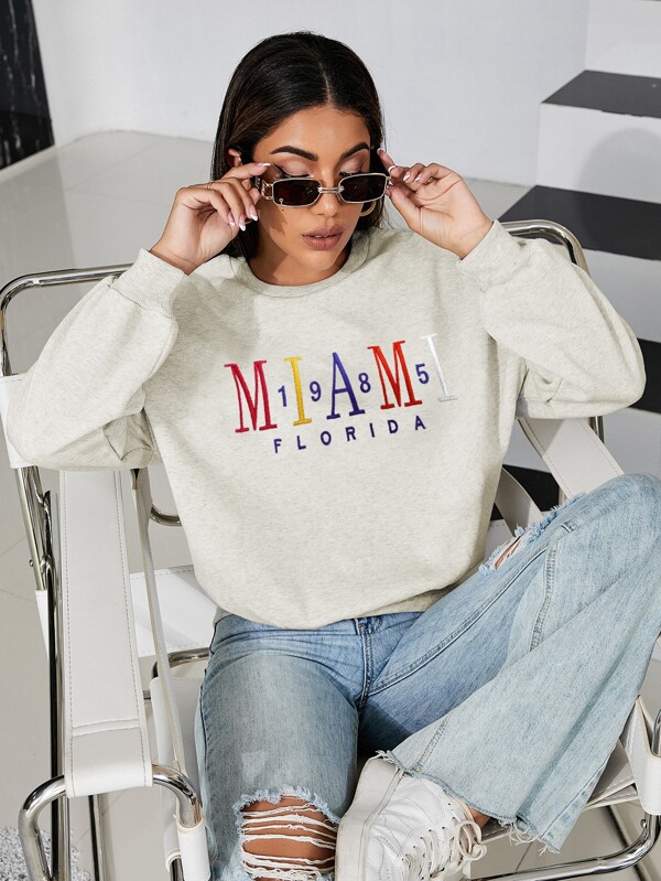 Flirla Letter Embroidery Marled Knit Drop Shoulder Pullover Graduation,Back To School Outfits,Graduation,Teacher Outfits For Women,Back To School