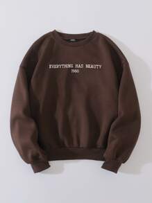 SHEIN Unity Slogan Graphic Drop Shoulder Sweatshirt Pullover Fall Outfit - Chocolate Brown - View 1