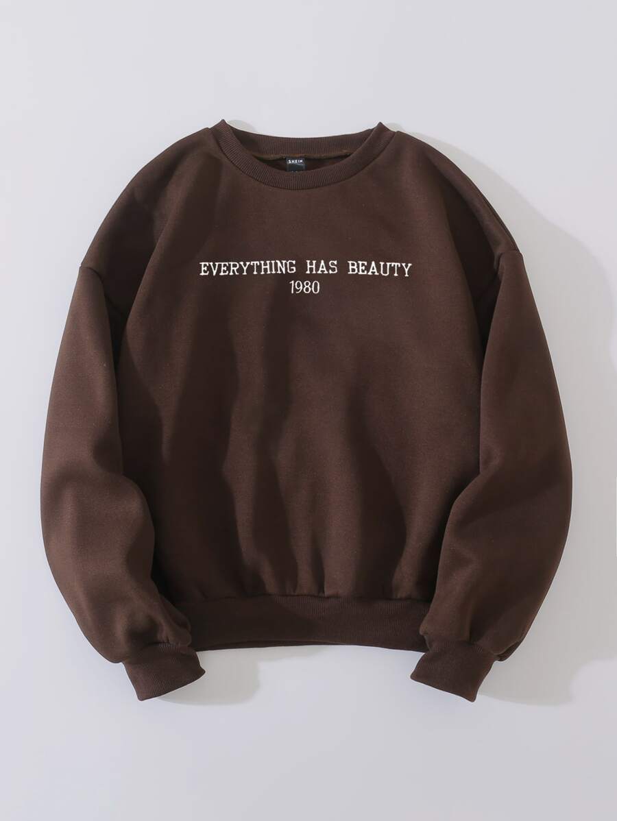 SHEIN Unity Slogan Graphic Drop Shoulder Sweatshirt Pullover Fall Outfit - Chocolate Brown - View 1