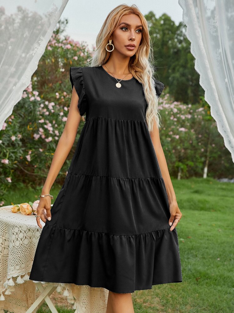 SHEIN VCAY Ruffle Trim Keyhole Back Smock Dress | SHEIN USA