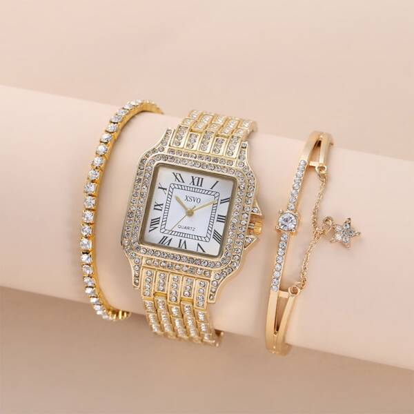 

1pc Rhinestone Decor Square Pointer Quartz Watch & 2pcs Bracelet