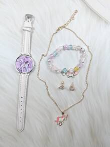1入組兒童卡通獨角獸石英表和4入組首飾套裝