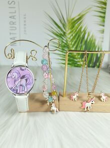 1入組兒童卡通獨角獸石英表和4入組首飾套裝