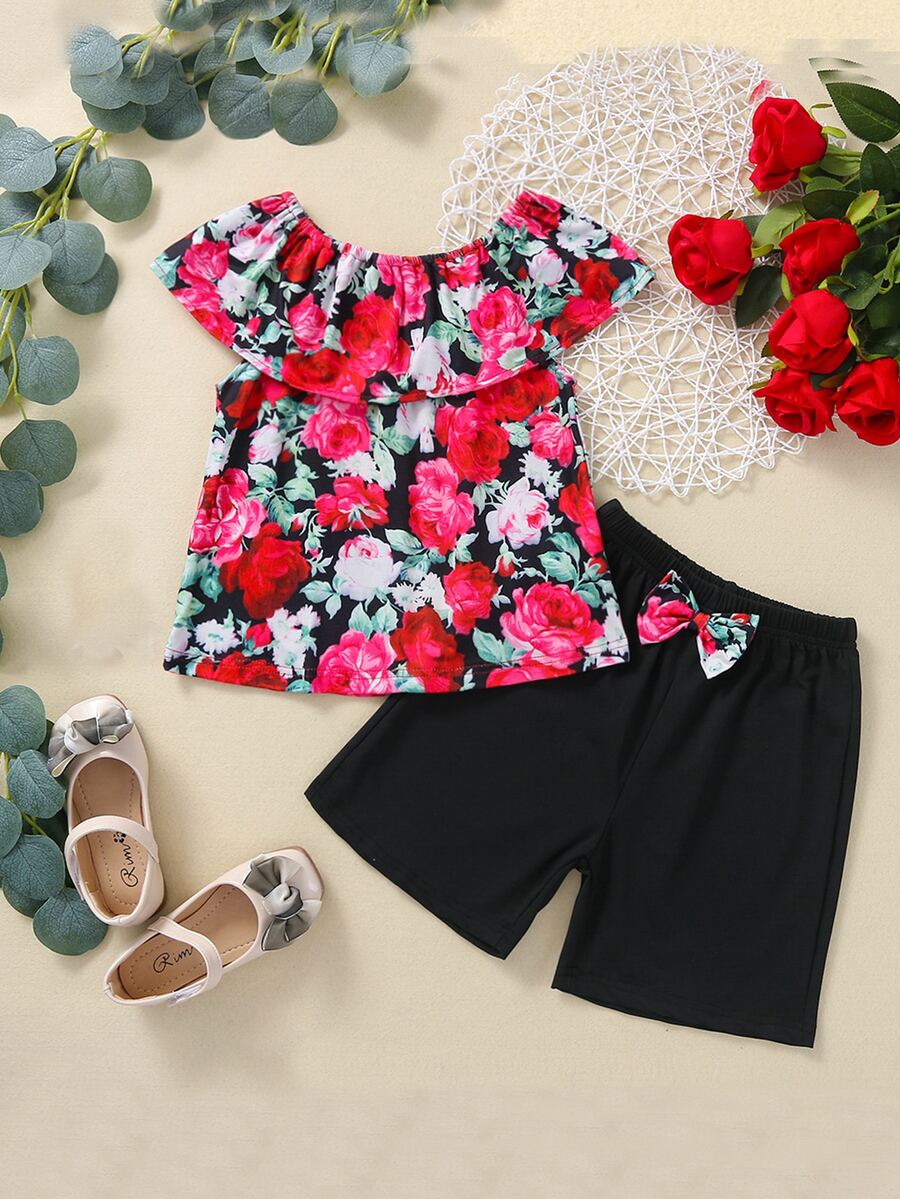 小女童滿版印花荷葉邊上衣和前蝴蝶結短褲 - 彩色 - 查看 1