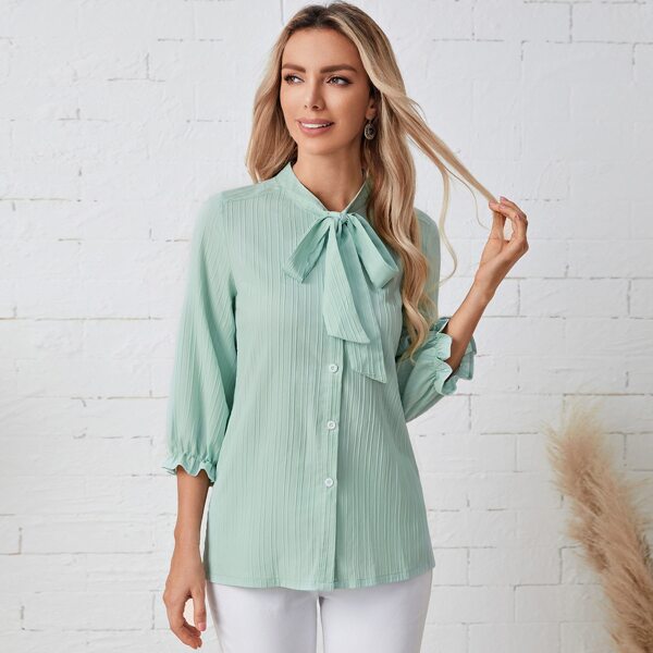 

Button Up Tie Neck Blouse, Mint green