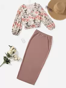 SHEIN VCAY Balloon Sleeve Floral Print Blouse & Skirt Set