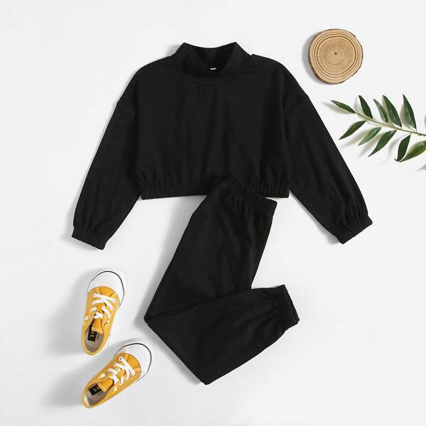 

Toddler Girls Mock Neck Drop Shoulder Pullover & Sweatpants, Black