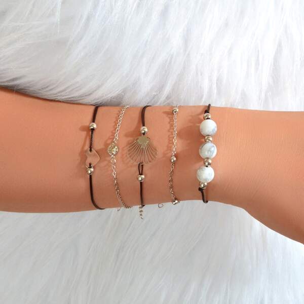 

5pcs Shell & Heart Decor Bracelet, Silver