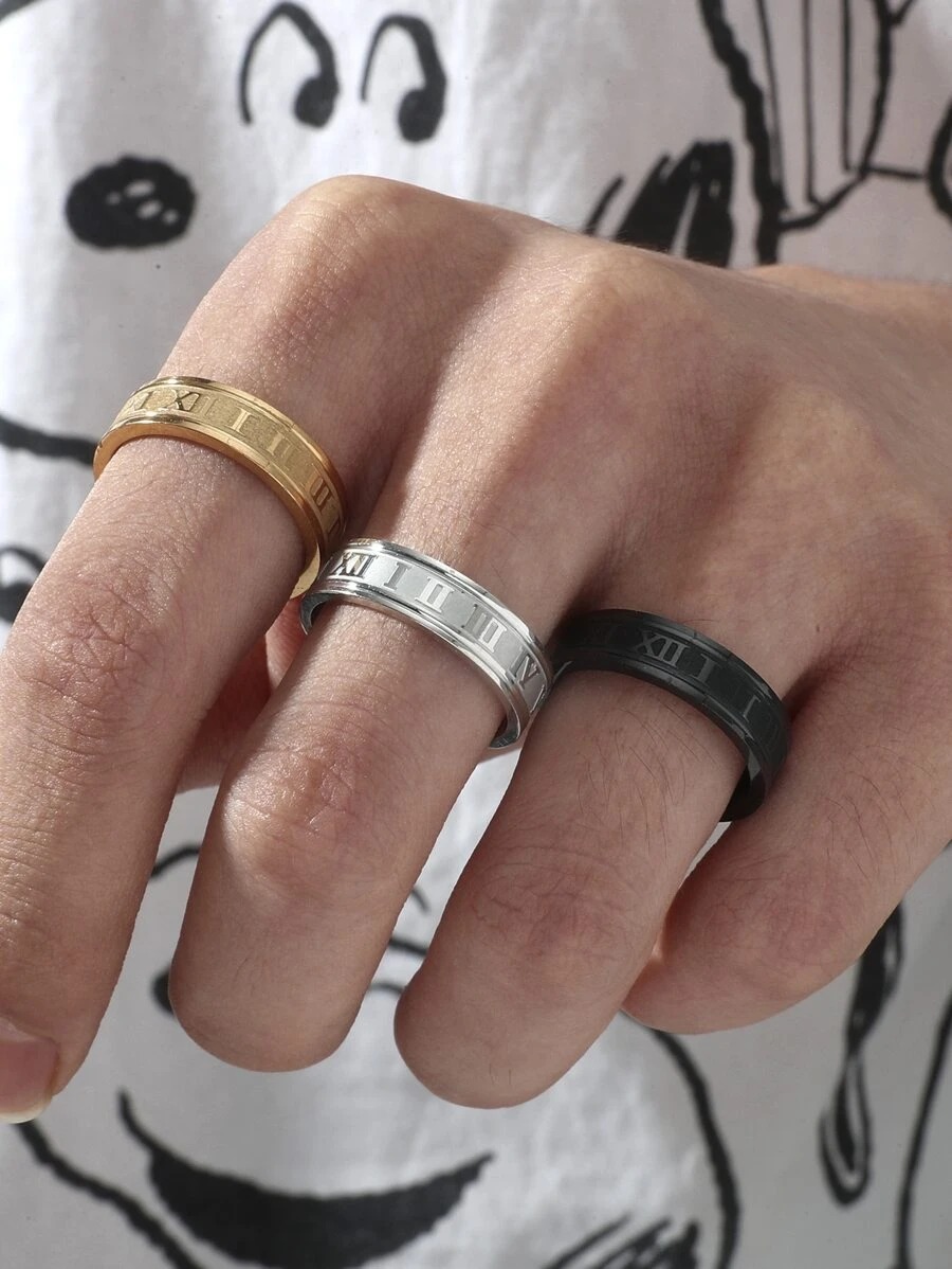 Thời trang và phổ biến 3 chiếc nhẫn nam chi tiết chữ số La Mã bằng thép không gỉ để làm quà tặng trang sức và cho một vẻ ngoài sành điệu - Nhiều màu - Xem 1