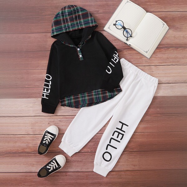 

Toddler Boys Letter Graphic Plaid Panel Hoodie & Sweatpants, Black and white