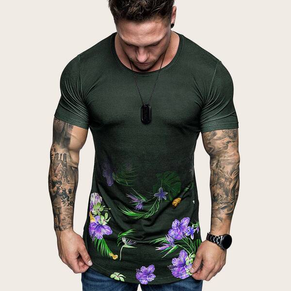 

Men Floral Print Curved Hem Tee, Dark green