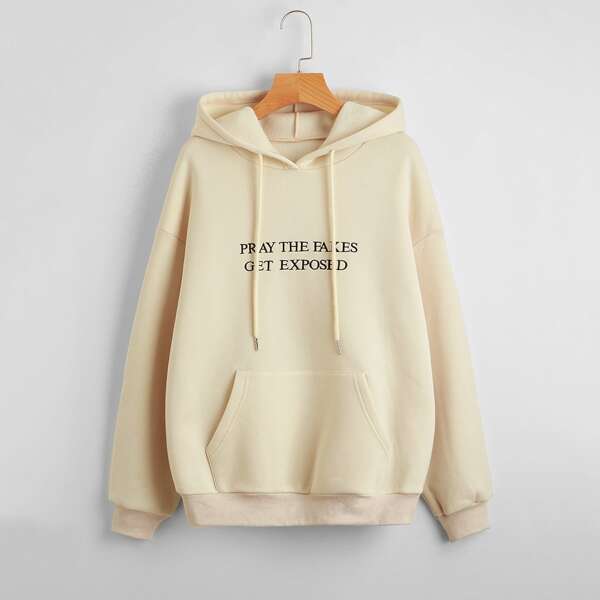

Letter Graphic Kangaroo Pocket Drawstring Hoodie, Beige
