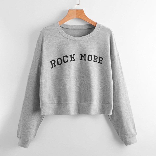 

Slogan Print Round Neck Sweatshirt, Grey