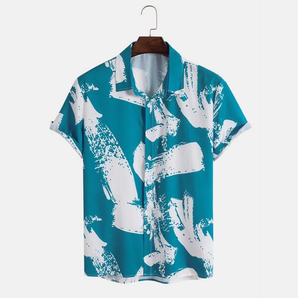 

Men Brush Print Button Up Shirt, Blue