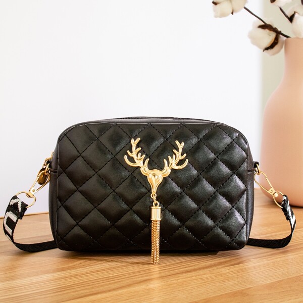 

Quilted Pattern Metal Decor Crossbody Bag, Black